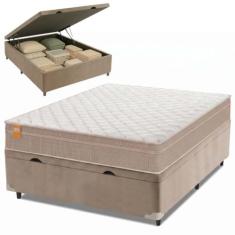 Cama Box Baú Casal Colchão Molas Qatar 138x188x63cm Bege/Branco Inducol - Suporta Até 200 Kg Por Pessoa