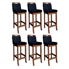 Kit 6 Banquetas Média Milão com Encosto 94 Cm Madeira Maciça Suede Preto CCS