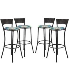 Jogo Com 4 Banquetas Alta Forts Fibra Uv Bancada, área Goumert, Bar, Piscina, Balcão, Floral Azul