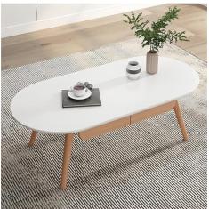 Mesa de centro oval moderna, mesa central de madeira com duas gavetas, para apartamentos pequenos, salas de estar, quartos e escritórios, fácil montagem