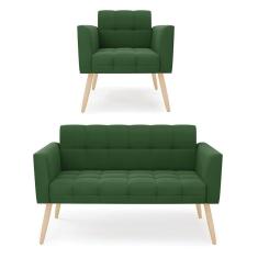 Kit 1 Sofá Namoradeira E 1 Poltrona Elisa Suede Pés Palito Natural - D`rossi Cor Verde