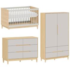Quarto de Bebê Completo Cinza com Carvalho Berço Cômoda e Guarda Roupa