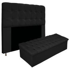 Kit Cabeceira Estofada Mel Cama Box Casal 140 cm mais Calçadeira Baú Mel com Capitonê Suede Preto para Quarto - am Decor