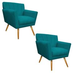 Kit 02 Poltronas Laura Palito Mel Suede Azul Turquesa