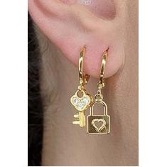 Brinco Duo Argolinha Chave e Cadeado Folheado em Ouro 18k