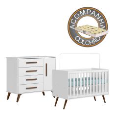 Quarto de Bebê Qencanto com Cômoda e Berço Qmovi Branco + Colchão Gazin