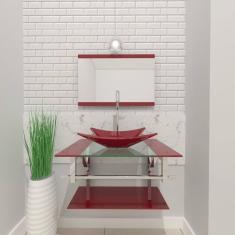 Gabinete de Vidro 80cm Inox com Cuba Retangular Vermelho Cereja