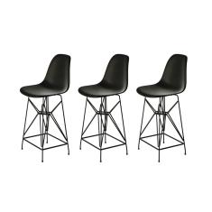 Kit 3 Banquetas Bistrô Alta Eames Eiffel Preta Base Ferro Preto