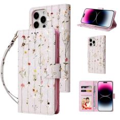 UEEBAI Capa carteira para iPhone 13 Pro Max de 6,7 polegadas, capa de telefone de couro PU com suporte e bloqueio de RFID, capa flip com compartimentos para cartões, alça de pulso, padrão gravado,