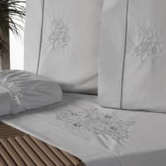 Jogo Lençol Queen Bordado Crivo 4 Peças 200 Fios 100% Algodão Percal -
