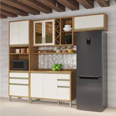 Cozinha Modulada Compacta 4 Peças 8 Portas Com Vidro E Tampo 100% Mdf Barbados Espresso Móveis Amêndoa/off White