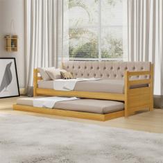 Bicama Solteiro Verona Imbuia Estofado Capitonê Veludo Bege com Cama Auxiliar + 2 Kit