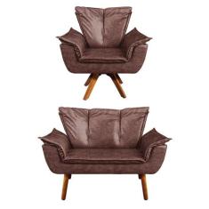 Kit 01 Namoradeira e 01 Poltrona Giratória Opala Corano Base Madeira M