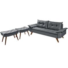 Sofa Retro Bariloche 3 Lugares Tecido Suede Com Duas Banquetas Rubi Pes em Madeira