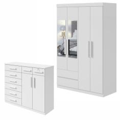 Conjunto de Guarda-Roupa Solteiro com Espelho 4 Portas 2 Gavetas Zeus e Cômoda Toronto Branco