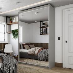 Guarda-Roupa Solteiro com 2 Espelhos Geneve 2 Portas 2 Gavetas Cinza