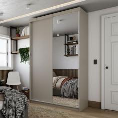 Guarda-Roupa Solteiro com 1 Espelho Geneve 2 Portas 2 Gavetas Bege