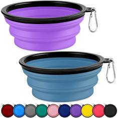 Tigelas dobráveis para cães - pacote com 2 tamanhos grandes para cães grandes/médios, tigela de água portátil para viagem com 2 mosquetões