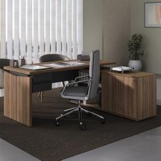 Mesa para Escritório em L Diretor com Armário e 2 Gavetas Nogal/Preto
