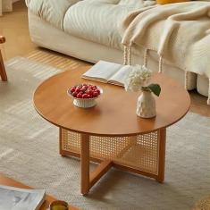 Mesa de centro pequena de vime, mesa de centro de madeira maciça boho, mesa de canto redonda moderna, mesa de cabeceira estreita, para sala de estar, apartamento, escritório