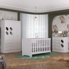 Quarto de Bebê com Guarda Roupa 4 Portas 3 Gavetas Cômoda 4 Gavetas 1 Porta com Janela e Berço 3 em 1  Maya Rodial