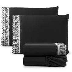 Jogo De Lençol Queen Suave Barrado Lese 4 Peças Barato - Preto