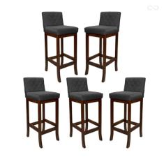 Kit 5 Banquetas Alta para Bancada de Cozinha Tóquio Madeira Maciça Matelassê Suede Cinza CCS