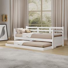 Sofá Cama Rústico Madeira Enjoy com Auxiliar e 2 Colchões - Branco