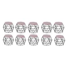 Kit 10 Puff Banqueta Aramado Mila Base Preta Hexágono Suede Rosê - DAM