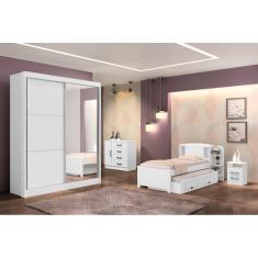 Guarda Roupa Solteiro com Espelho 2 Portas 3 Gavetas - Athenas -Branco - Móveis D`Doro