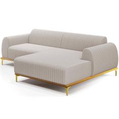 Sofá 5 Lugares Chaise Direito Sala Molino 350cm D02 Pés de ouro Bouclê Creme B-54