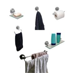 Kit Acessórios Para Banheiro Cromado 6 Peças Inox E Vidro Luxo Suprema
