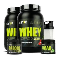 2 Whey Protein 900g + Bcaa + Pré Treino + Coqueteleira Sense-Unissex