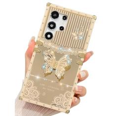 HALATUA Linda capa compatível com Samsung Galaxy S24 Ultra, luxuosa borboleta brilhante com suporte dobrável para mulheres e meninas, capa protetora à prova de choque flexível de renda espelhada