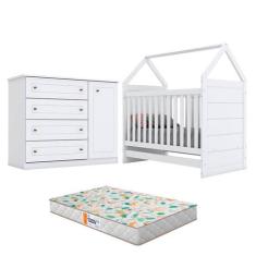 Berço Montessoriano e Cômoda Infantil Americano Branco com Colchão Gaz