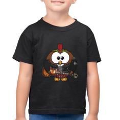 Camiseta Algodão Infantil Coruja Rock Guitarra - Foca na Moda, Preto, 