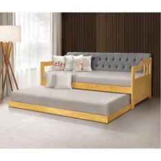 Bicama Dublin Estofado Capitonê Veludo Cinza Madeira com Cama Auxiliar