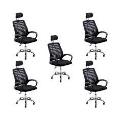 Kit 5 Cadeiras Escritório Diretor Tela Mesh Com Encosto De Cabeça Pret