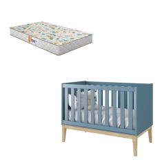 Berço Americano New Classic Azul com Pés Madeira Natural e Colchão Gazin - Reller 