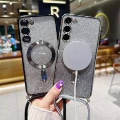 Capa crossbody cordão glitter para samsung galaxy s24 s23 s21 fe s22 ultra plus magnético macio tpu chapeamento capa, rosa, para samsung s24ultra