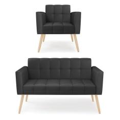Kit 1 Sofá Namoradeira E 1 Poltrona Elisa Corino Pés Palito Natural - D`rossi Cor Preto
