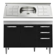 Balcão Gabinete Suécia com Pia Inox 120cm 3 Portas Branco/Preto - Lumi