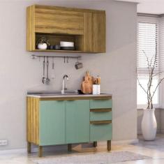 Cozinha Compacta Magnólia com Armário Aéreo 4 PT 3 GV Mel e Verde - Mo