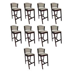 Kit 10 Banquetas Alta De Madeira Maciça Castanho Premium Ana Com Encosto Linho Bege - Cor: Bege