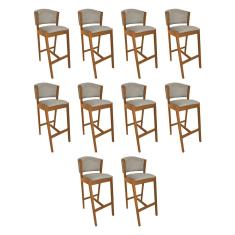 Kit 10 Banquetas Alta De Madeira Maciça Cerejeira Premium Ana Com Encosto Linho Bege - Cor: Bege