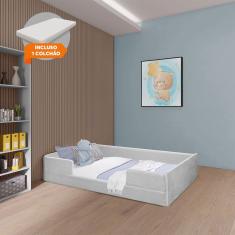 Cama Montessoriana Infantil com Colchão em Madeira Maciça com Revestimento em Tecido Luana Cinza