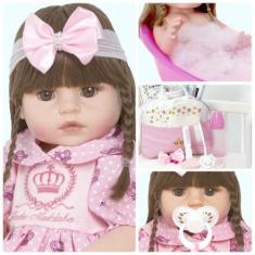Bebê Boneca Reborn Cabelo Castanho + Bolsa 20 Itens - Cegonha Reborn D