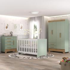 Quarto de Bebê Completo Guarda Roupa 4 Portas 2 Gavetas com Cômoda e Berço Lily Espresso Móveis Verde Fosco/Marrom