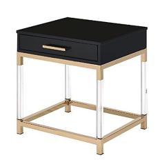 Mesa retangular para computador com USB, mesa preta com moldura de metal dourado, mesa de trabalho moderna com gavetas de armazenamento, mesa de console de café para sala de estar em casa (mesa de