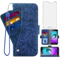 Asuwish Compatível com Samsung Galaxy J3 2016/J 3 V/J36V/Sky/Amp Prime, capa carteira protetora de tela de vidro temperado, suporte de cartão, suporte de suporte, capas de telefone para Glaxay Sol J3V